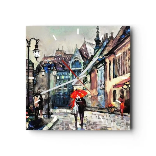 Horloge murale - Pendule murale - Une charmante rue de la ville avec un couple sous un parapluie rouge - 30x30cm - Pluie pour deux - Décoration murale moderne pour le salon et la chambre ARTTOR