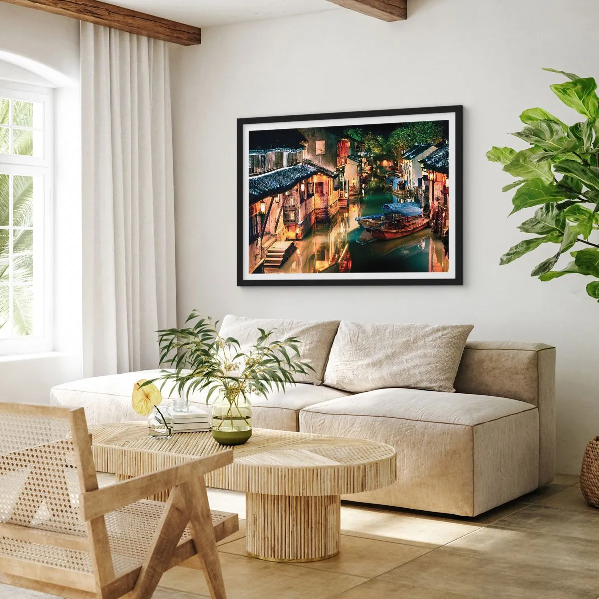 Affiche dans un cadre noir - Poster - Soirée dans une rue chinoise - 91x61 cm