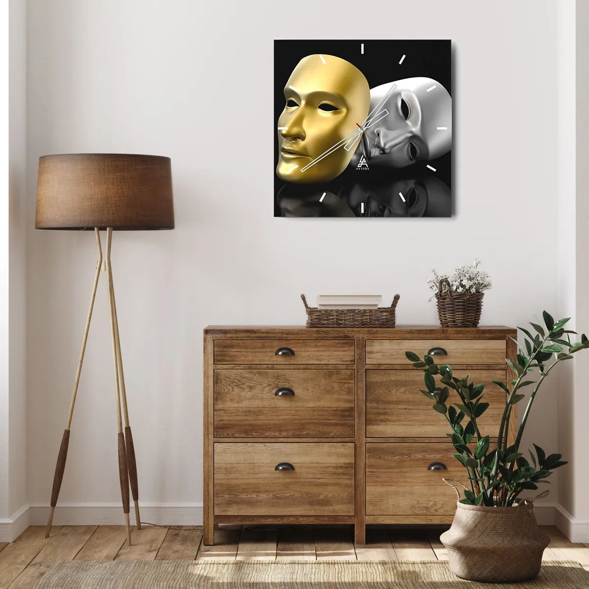 Horloge murale - Pendule murale - Masque d'or et d'argent sur fond noir - 30x30cm - La vie est un théâtre - Décoration murale moderne pour le salon et la chambre ARTTOR