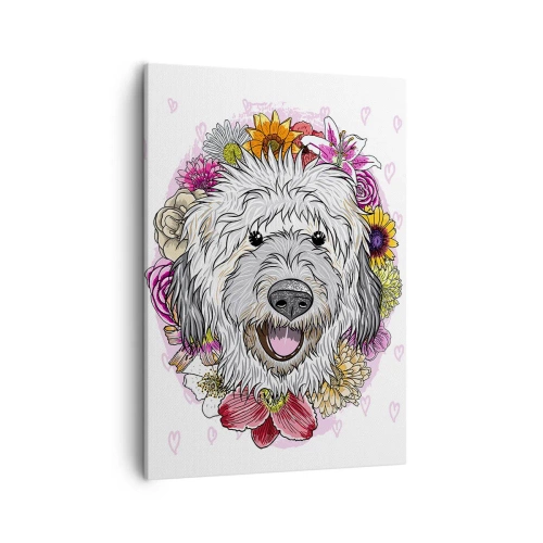 Impression sur toile - Image sur toile - Un chien entouré de fleurs colorées - 50x70cm - La joie du chiot - Décoration murale moderne pour le salon et la chambre ARTTOR