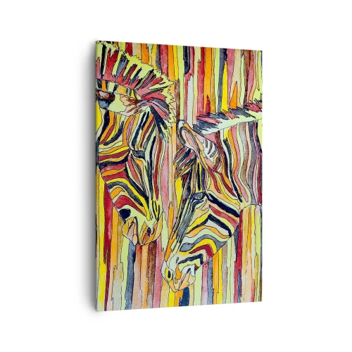 Impression sur toile - Image sur toile - Zèbres colorés sur fond de rayures abstraites - 70x100cm - Et donc toi aussi... - Décoration murale moderne pour le salon et la chambre ARTTOR