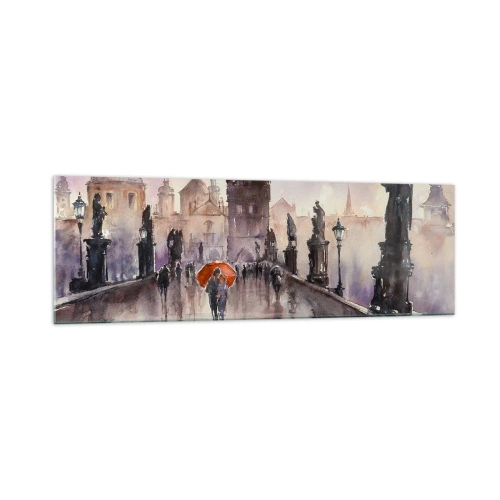 Impression sur verre - Image sur verre - Vue romantique d'un pont avec un parapluie sur fond de ville en soirée - 160x50cm - Les gens ne changent pas - Décoration murale moderne pour le salon et la chambre ARTTOR