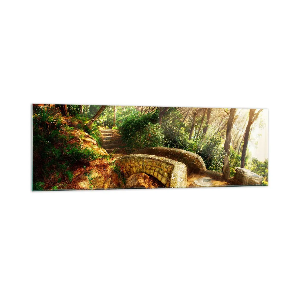 Impression sur verre - Image sur verre - Paysage forestier avec des rayons de soleil et un pont de pierre - 160x50cm - Directement du pont dans une forêt de conte de fées - Décoration murale moderne pour le salon et la chambre ARTTOR