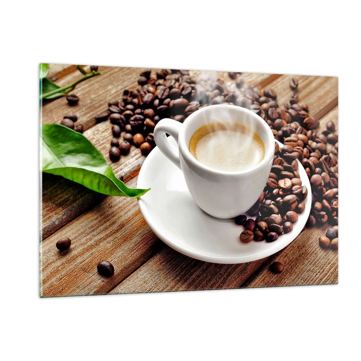 Impression sur verre - Image sur verre - Une tasse de café entourée de grains sur une table en bois - 120x80cm - Café sur un banc - Décoration murale moderne pour le salon et la chambre ARTTOR