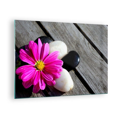 Impression sur verre - Image sur verre - Fleur rose avec des pierres sur un fond en bois - 70x50cm - Repos sur la jetée - Décoration murale moderne pour le salon et la chambre ARTTOR