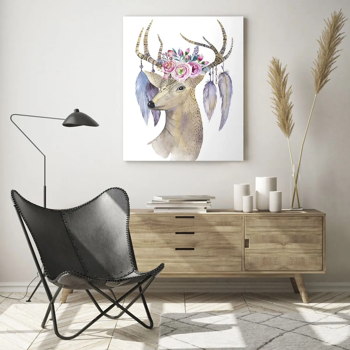Impression sur verre - Image sur verre - Cerf avec une couronne de fleurs et des plumes - 50x70cm - Guide de l'âme - doux, innocent - Décoration murale moderne pour le salon et la chambre ARTTOR