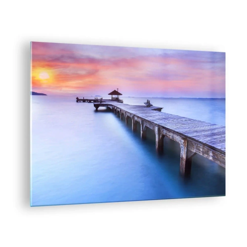 Impression sur verre - Image sur verre - Jetée en bois au lever du soleil sur une eau calme - 70x50cm - Une mer de calme jusqu'à l'horizon - Décoration murale moderne pour le salon et la chambre ARTTOR