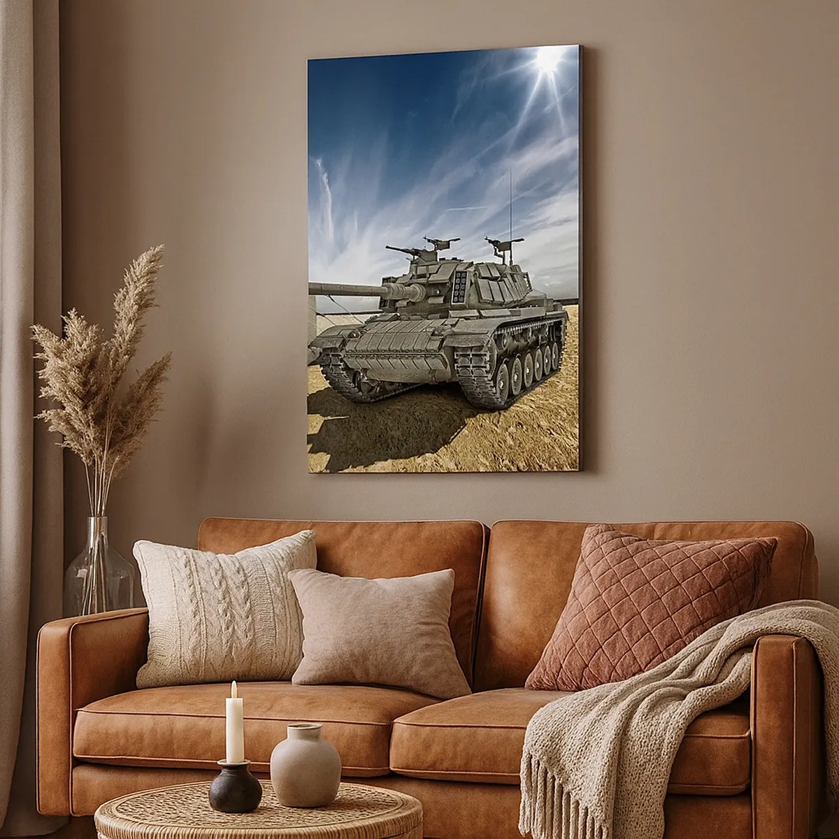 Impression sur toile - Image sur toile - Un char à côté d'une tente militaire dans une zone désertique - 50x70cm - Un rêve militaire - Décoration murale moderne pour le salon et la chambre ARTTOR