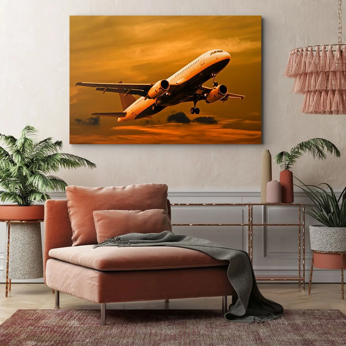 Impression sur toile - Image sur toile - Un avion de ligne décollant sous un ciel de coucher de soleil doré. - 120x80cm - Vol vers le soleil - Décoration murale moderne pour le salon et la chambre ARTTOR