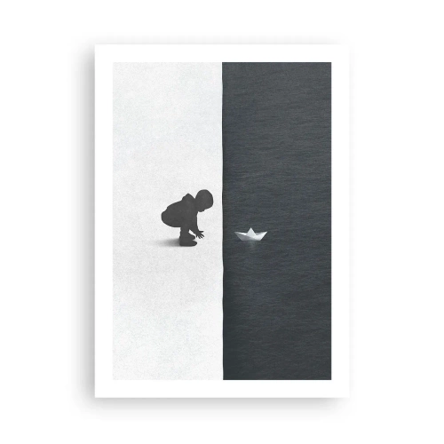 Affiche - Poster - Un enfant penché sur l'eau avec un bateau en papier - 50x70cm - Grande expédition - Décoration murale moderne pour le salon et la chambre ARTTOR
