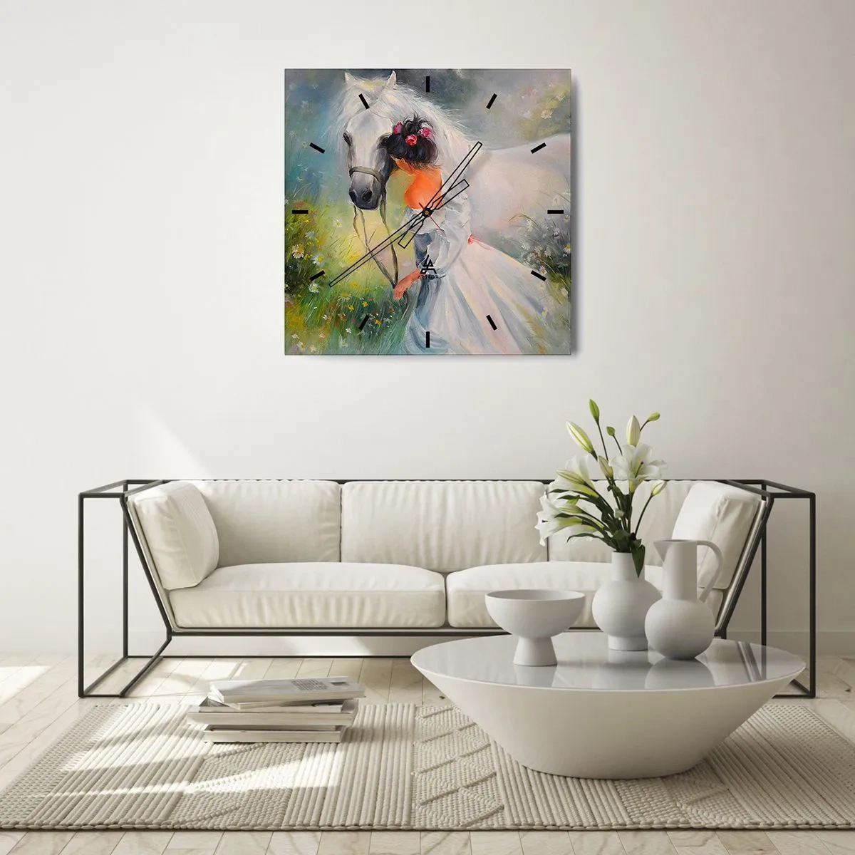 Horloge murale - Pendule murale - Une femme avec un cheval blanc dans un cadre pittoresque - 30x30cm - Comme dans un beau rêve - Décoration murale moderne pour le salon et la chambre ARTTOR