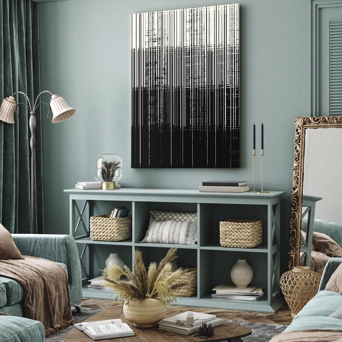 Impression sur toile - Image sur toile - Composition abstraite de lignes en noir et blanc contrastés - 80x120cm - Ondes et vibrations - Décoration murale moderne pour le salon et la chambre ARTTOR