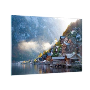 Impression sur verre - Image sur verre - Un matin d'automne dans une ville de montagne au bord d'un lac - 70x50cm - Ambiance alpine - Décoration murale moderne pour le salon et la chambre ARTTOR
