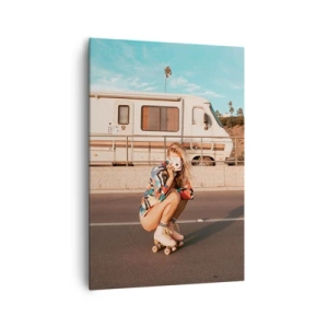 Impression sur toile - Image sur toile - Une fille sur des patins à roulettes prenant une photo par une journée ensoleillée. - 70x100cm - Souriez s'il-vous-plait! - Décoration murale moderne pour le salon et la chambre ARTTOR