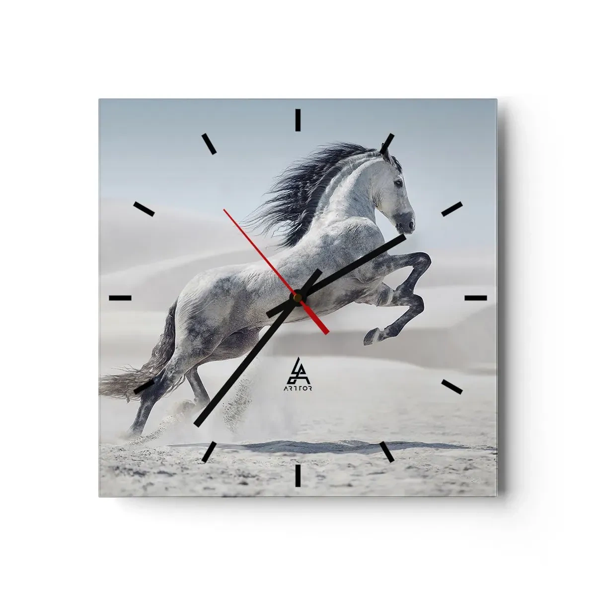 Horloge murale - Pendule murale - Un cheval blanc galopant sur fond de dunes du désert - 30x30cm - Prince arabe - Décoration murale moderne pour le salon et la chambre ARTTOR