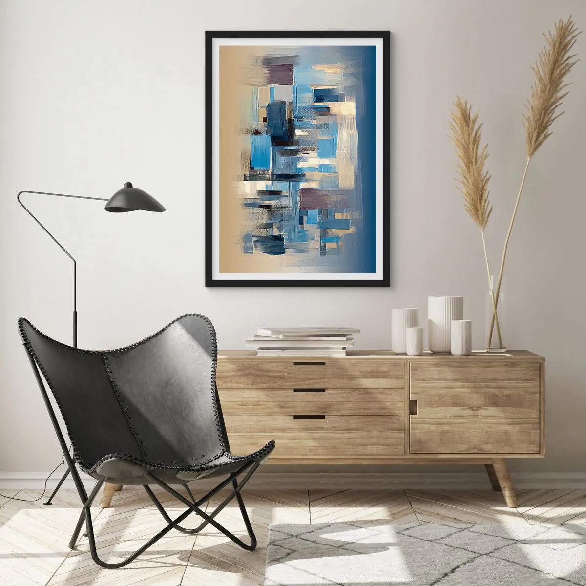 Affiche dans un cadre noir - Poster - Composition géométrique abstraite dans les tons de bleu - 50x70cm - Construction bleue - Décoration murale moderne pour le salon et la chambre ARTTOR