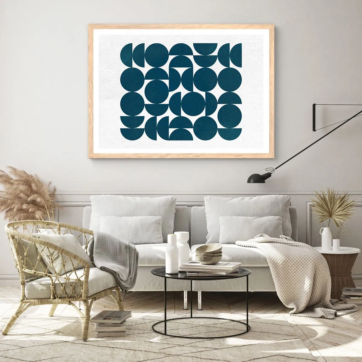 Affiche dans un chêne clair - Poster - Cercles et demi-cercles - 100x70 cm