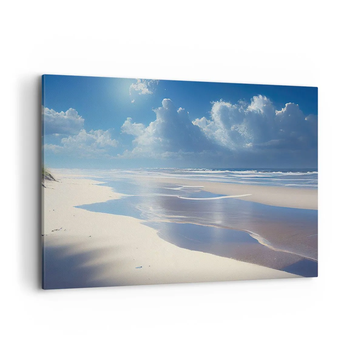 Impression sur toile - Image sur toile - Une plage de sable avec des vagues sous un ciel bleu - 120x80cm - Des vacances paradisiaques - Décoration murale moderne pour le salon et la chambre ARTTOR