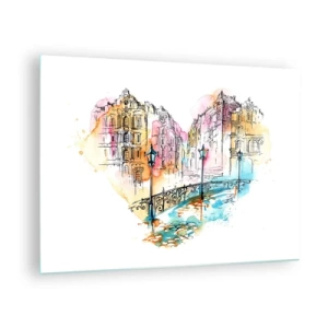 Impression sur verre - Image sur verre - Maisons romantiques avec un pont en forme de cœur, aquarelle - 70x50cm - Le coeur de la ville - Décoration murale moderne pour le salon et la chambre ARTTOR