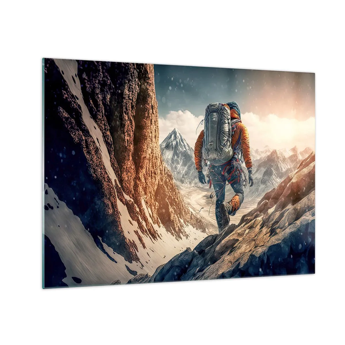Impression sur verre - Image sur verre - Un randonneur escaladant un flanc de montagne rocheux et enneigé - 70x50cm - Guerrier solitaire - Décoration murale moderne pour le salon et la chambre ARTTOR