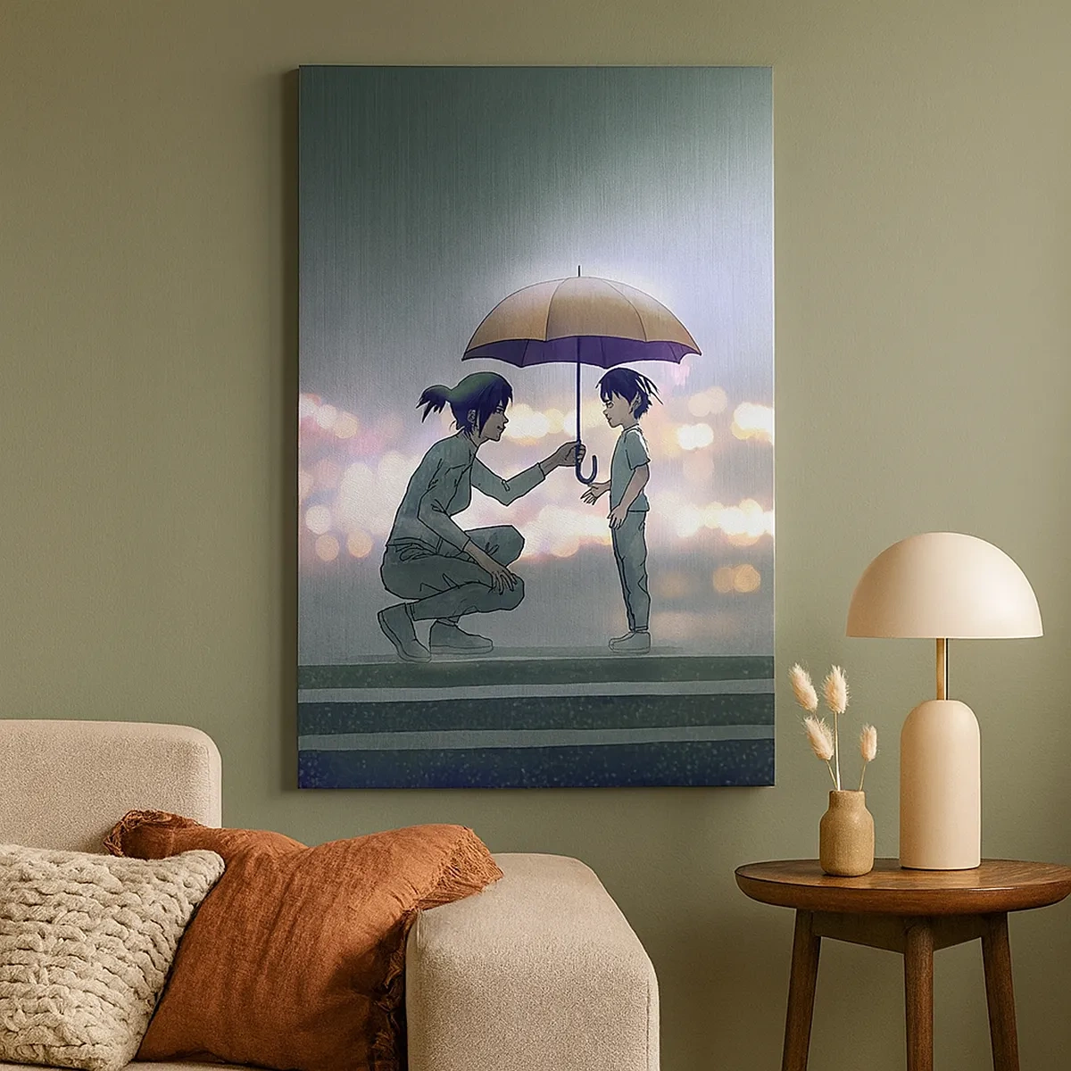 Impression sur toile - Image sur toile - Une silhouette avec un parapluie protégeant un enfant sur fond de lumières nocturnes. - 50x70cm - Et maintenant, tout va bien - Décoration murale moderne pour le salon et la chambre ARTTOR