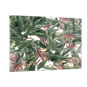 Impression sur verre - Image sur verre - Feuilles dans les tons de vert et de bordeaux sur fond clair - 120x80cm - Arbuste émeraude-lilas - Décoration murale moderne pour le salon et la chambre ARTTOR