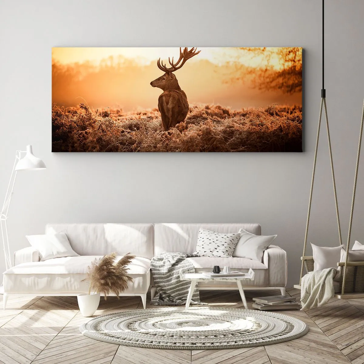 Impression sur toile - Image sur toile - Cerf dans les rayons du soleil levant - 120x50cm - Seigneur du domaine - Décoration murale moderne pour le salon et la chambre ARTTOR