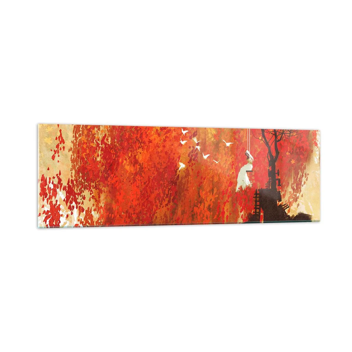 Impression sur verre - Image sur verre - Une silhouette sur une balançoire près d'un arbre entouré de feuilles rouges - 160x50cm - S'envolera-t-il avec eux ? - Décoration murale moderne pour le salon et la chambre ARTTOR