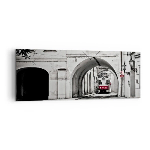 Impression sur toile - Image sur toile - Un tramway noir et blanc dans une rue historique de la ville - 140x50cm - Dans le labyrinthe de la ville - Décoration murale moderne pour le salon et la chambre ARTTOR
