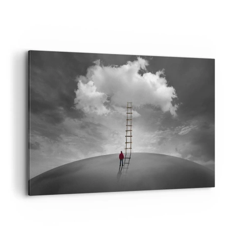 Impression sur toile - Image sur toile - Une personne portant un manteau rouge et une échelle menant à un nuage - 120x80cm - Tout est possible - Décoration murale moderne pour le salon et la chambre ARTTOR