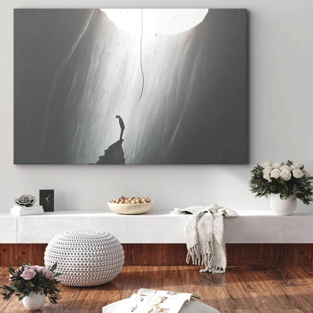 Impression sur toile - Image sur toile - Silhouette d'un homme sur le sol d'une grotte avec vue sur la lumière - 70x50cm - Il y a toujours une issue - Décoration murale moderne pour le salon et la chambre ARTTOR