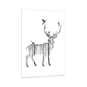 Impression sur verre - Image sur verre - Silhouette graphique d'un cerf avec un motif de forêt et d'oiseaux - 50x70cm - La bonne âme de la forêt - Décoration murale moderne pour le salon et la chambre ARTTOR