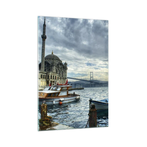 Impression sur verre - Image sur verre - Un bâtiment historique sur l'eau avec des bateaux et un pont en arrière-plan - 70x100cm - Aux confins des mondes - Décoration murale moderne pour le salon et la chambre ARTTOR