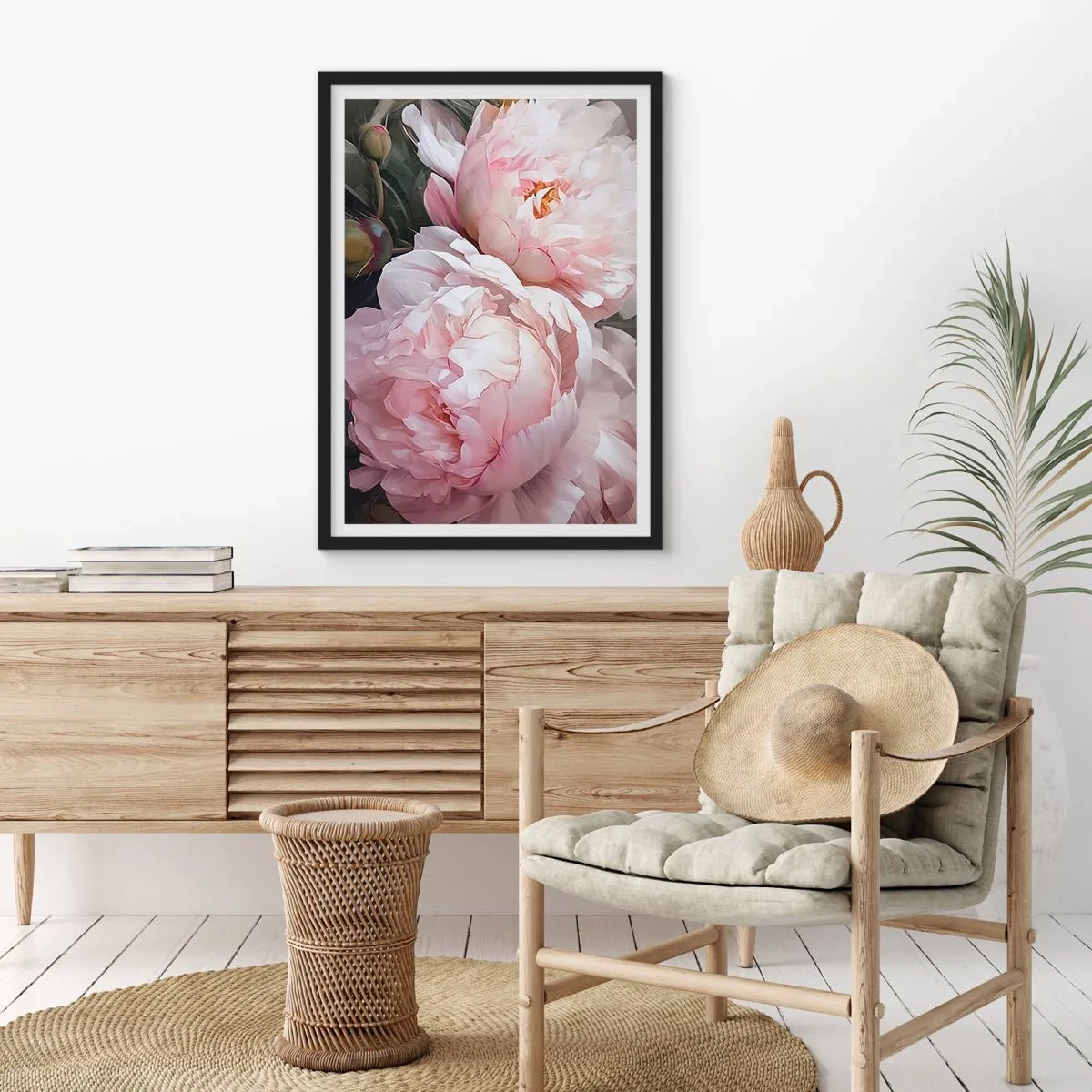 Affiche dans un cadre noir - Poster - Pivoines délicates dans des tons pastel de rose et de blanc - 50x70cm - Arrêté en pleine floraison - Décoration murale moderne pour le salon et la chambre ARTTOR