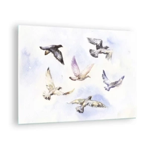 Impression sur verre - Image sur verre - Oiseaux en vol contre un ciel clair - 70x50cm - Liberté en gris et bleu - Décoration murale moderne pour le salon et la chambre ARTTOR
