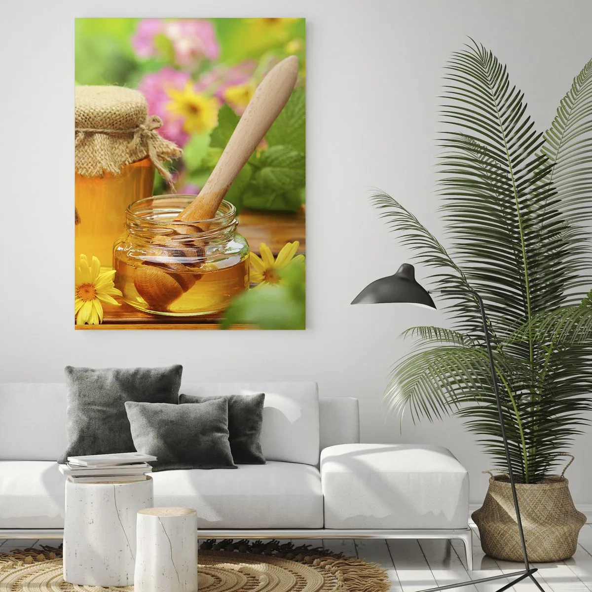 Impression sur verre - Image sur verre - Pots de miel avec des fleurs sur fond de jardin d'été - 70x100cm - Doux et fleuri - Décoration murale moderne pour le salon et la chambre ARTTOR