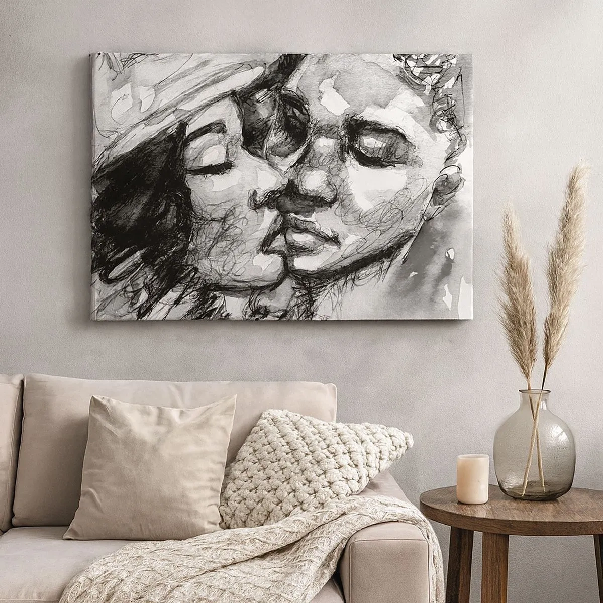 Impression sur toile - Image sur toile - Une aquarelle en noir et blanc représentant un moment intime entre deux personnes. - 70x50cm - Un moment tendre - Décoration murale moderne pour le salon et la chambre ARTTOR