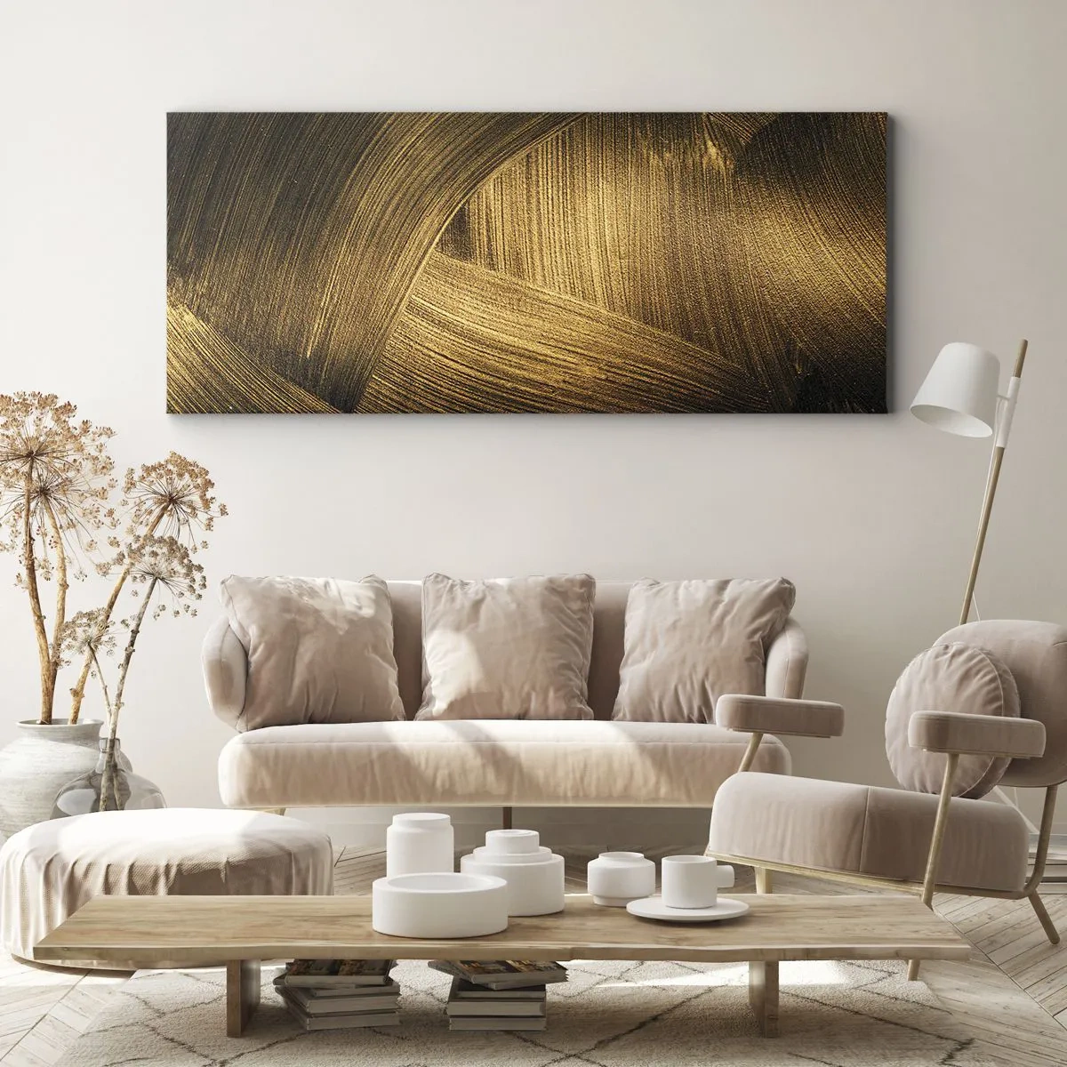 Impression sur toile - Image sur toile - Coups de pinceau abstraits dorés - 140x50cm - Dans un labyrinthe en or - Décoration murale moderne pour le salon et la chambre ARTTOR