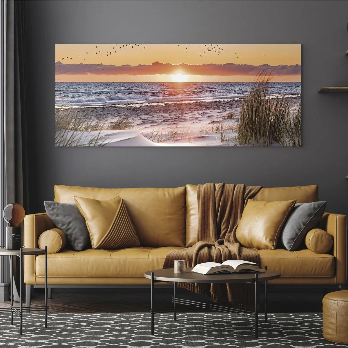 Impression sur verre - Image sur verre - Coucher de soleil sur la mer avec vue sur les dunes - 120x50cm - Paysage horizontal - Décoration murale moderne pour le salon et la chambre ARTTOR