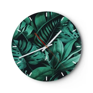 Horloge murale - Pendule murale - Feuilles vertes tropicales sur fond sombre - 30x30cm - Profondeur du vert tropical - Décoration murale moderne pour le salon, la cuisine et la chambre ARTTOR
