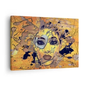 Impression sur toile - Image sur toile - Portrait abstrait d'une femme dans des tons jaune doré - 70x50cm - Beauté ensoleillée - Décoration murale moderne pour le salon et la chambre ARTTOR