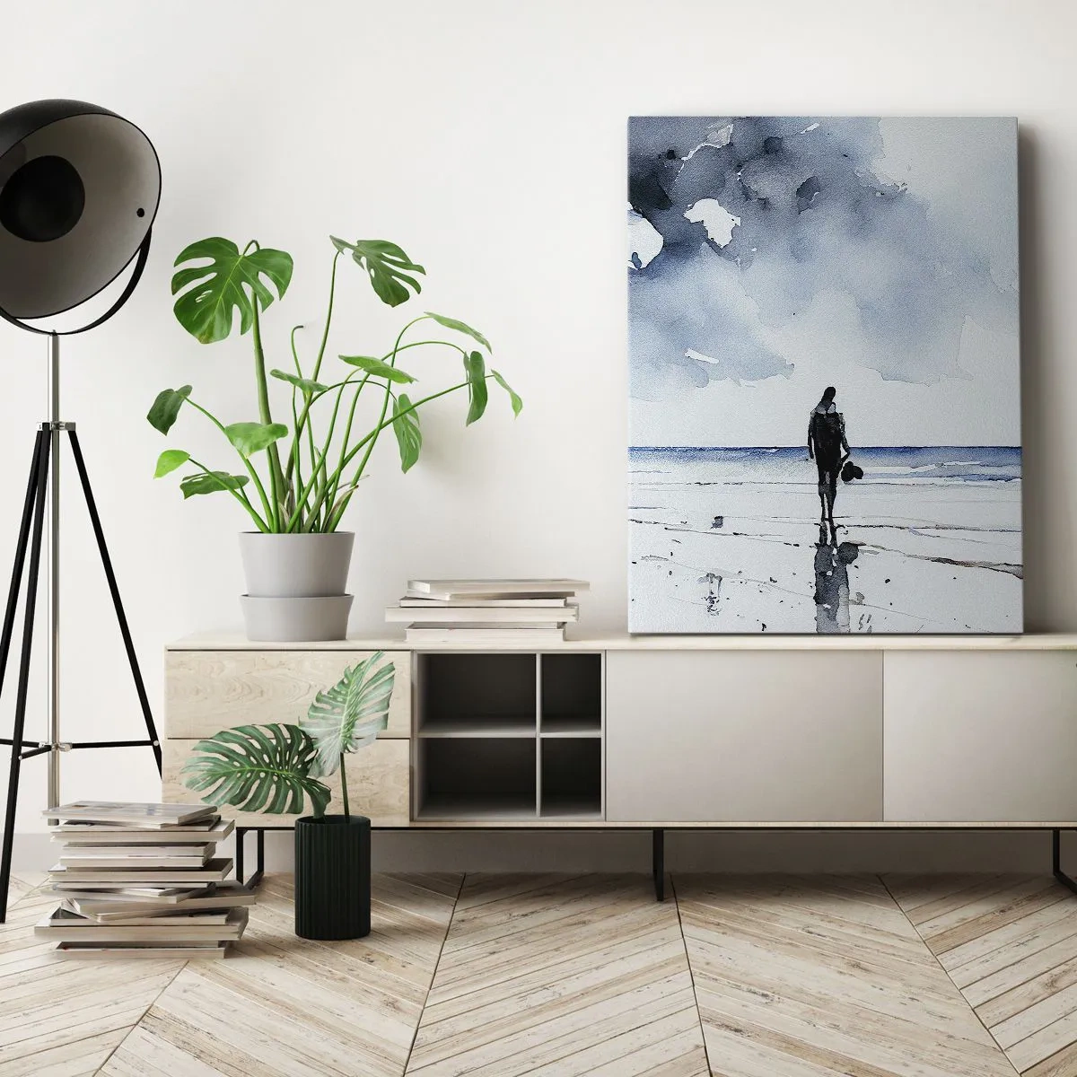 Impression sur toile - Image sur toile - Une silhouette sur une plage dans un environnement marin calme - 70x100cm - Conversation avec la mer - Décoration murale moderne pour le salon et la chambre ARTTOR