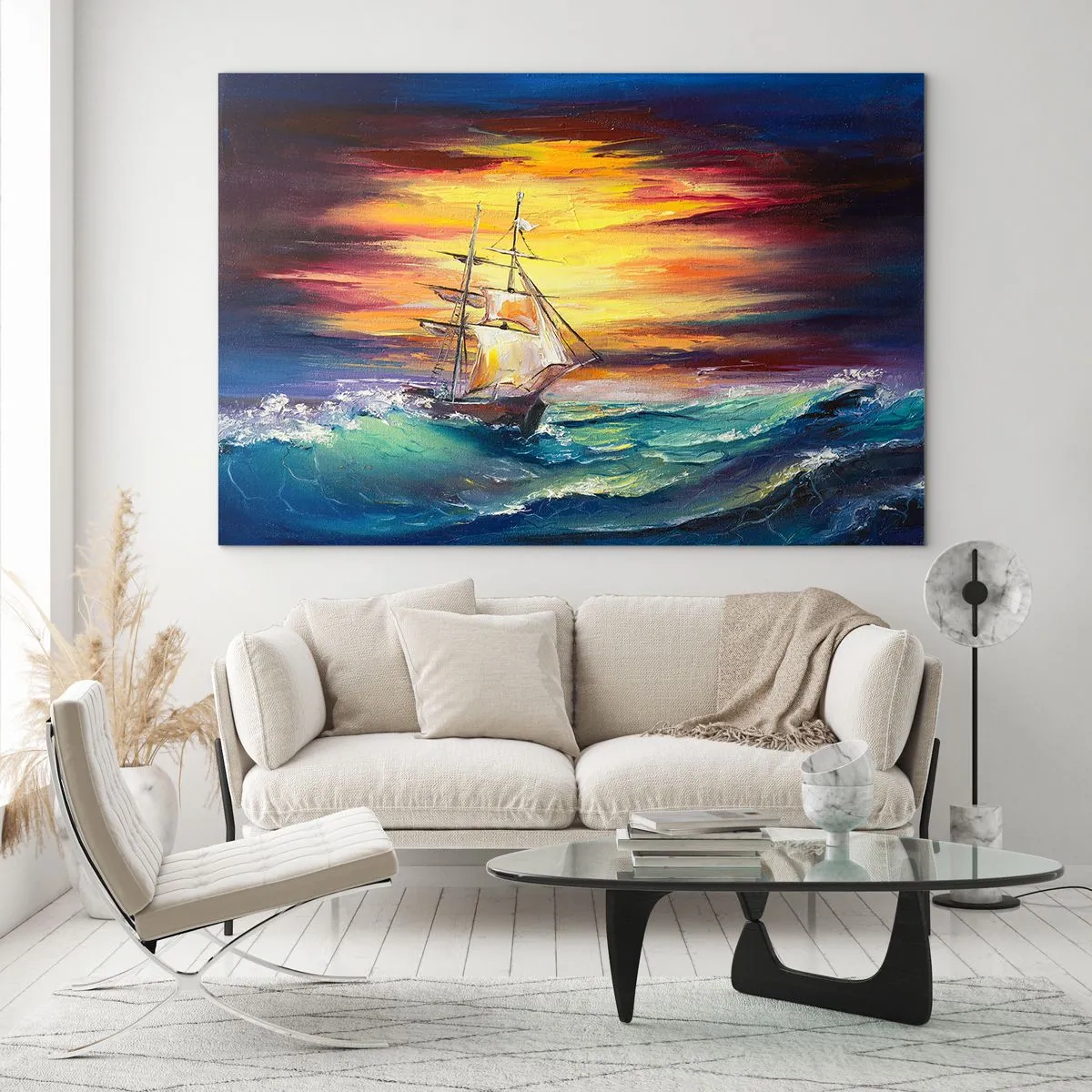 Impression sur verre - Image sur verre - Un navire sur une mer agitée au coucher du soleil - 70x50cm - Courageusement sous les vagues - Décoration murale moderne pour le salon et la chambre ARTTOR