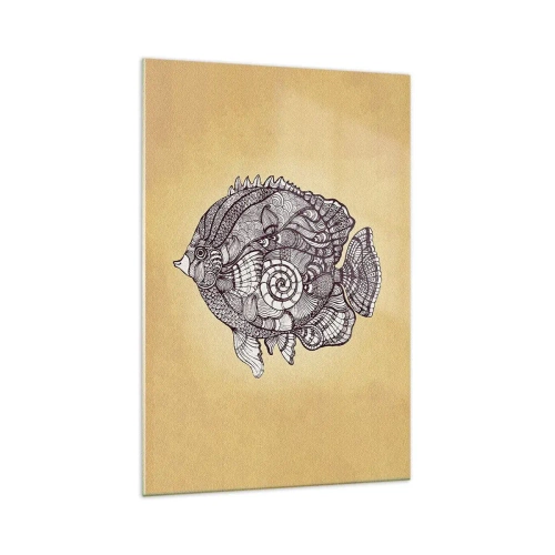 Impression sur verre - Image sur verre - Poisson décoratif dans un style de dessin avec des motifs - 70x100cm - D'un océan d'ornements - Décoration murale moderne pour le salon et la chambre ARTTOR