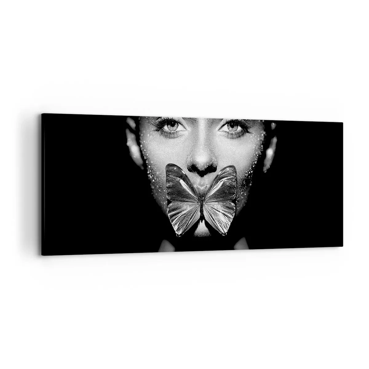 Impression sur toile - Image sur toile - Visage de femme en noir et blanc avec un papillon sur les lèvres - 120x50cm - Baiser papillon - Décoration murale moderne pour le salon et la chambre ARTTOR