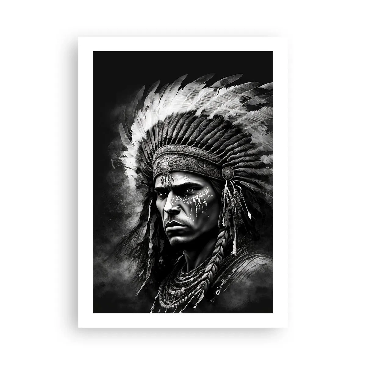 Affiche - Poster - Portrait d'un guerrier portant une coiffe de plumes traditionnelle - 50x70cm - Un leader et un guerrier - Décoration murale moderne pour le salon et la chambre ARTTOR