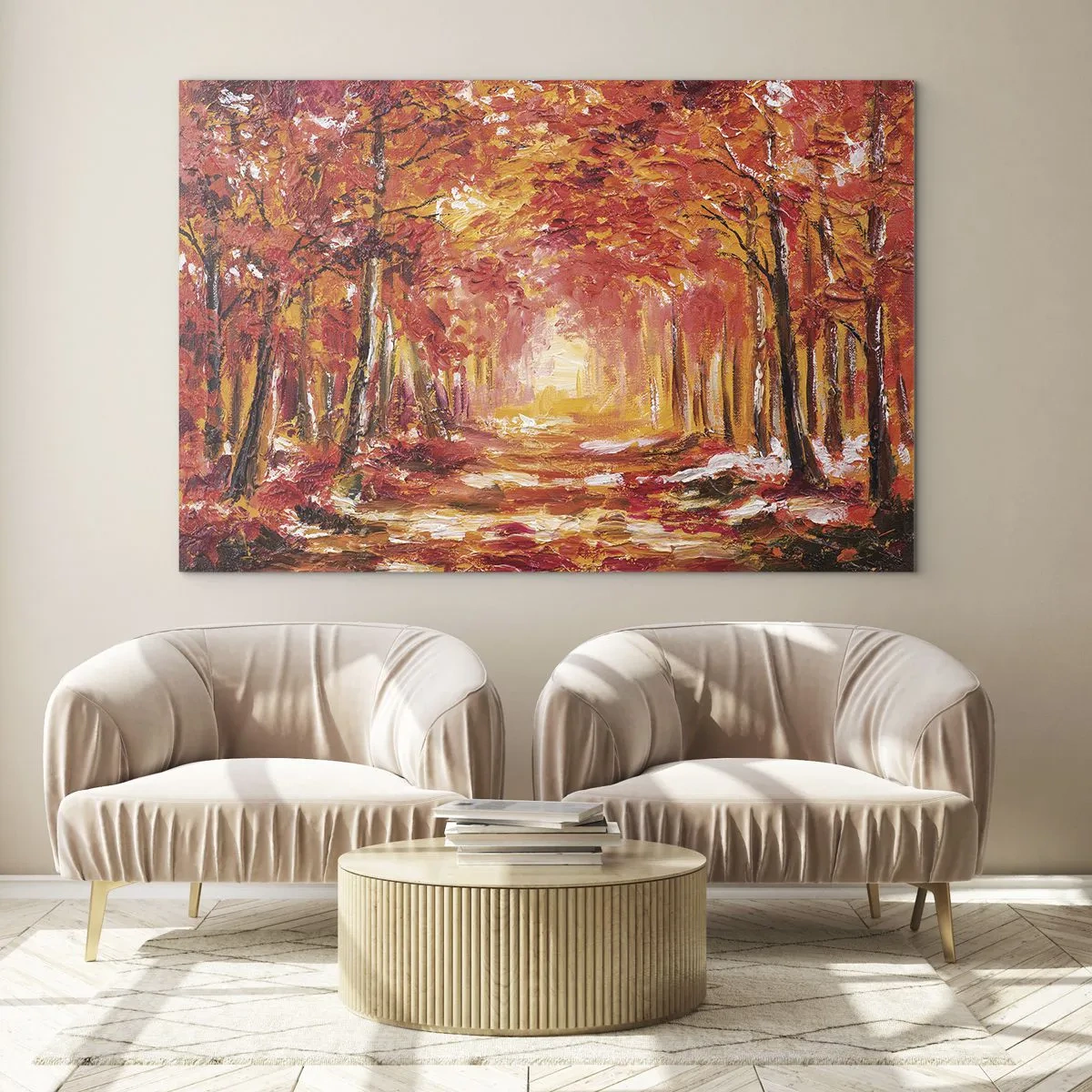 Impression sur verre - Image sur verre - Paysage d'automne avec des arbres aux couleurs chaudes - 70x50cm - Forêt de cuivre - Décoration murale moderne pour le salon et la chambre ARTTOR