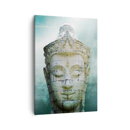 Impression sur toile - Image sur toile - Statue de Bouddha avec une douce brume sur un fond vert - 50x70cm - A la recherche de la lumière - Décoration murale moderne pour le salon et la chambre ARTTOR