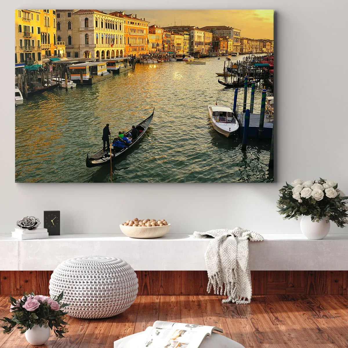 Impression sur toile - Image sur toile - Gondole sur un canal de Venise au coucher du soleil - 70x50cm - Du côté ensoleillé de la rue - Décoration murale moderne pour le salon et la chambre ARTTOR