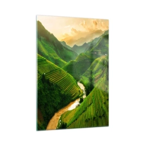 Impression sur verre - Image sur verre - Rizières pittoresques dans la vallée au coucher du soleil - 50x70cm - Vallée vietnamienne - Décoration murale moderne pour le salon et la chambre ARTTOR